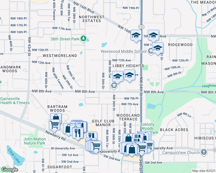 map of restaurants, bars, coffee shops, grocery stores, and more near 812 Northwest 36th Terrace in Gainesville