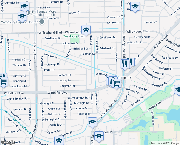 map of restaurants, bars, coffee shops, grocery stores, and more near 11106 Atwell Drive in Houston