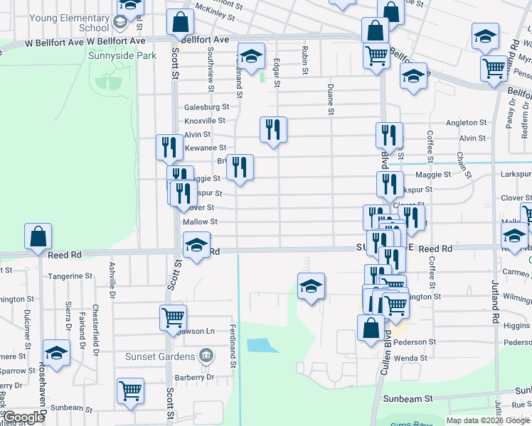 map of restaurants, bars, coffee shops, grocery stores, and more near 4342 Clover Street in Houston