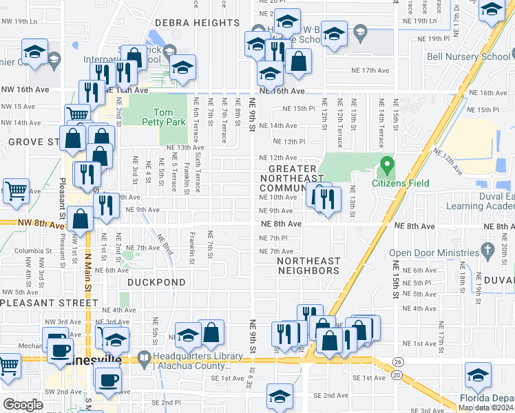 map of restaurants, bars, coffee shops, grocery stores, and more near 906 Northeast 9 Avenue in Gainesville