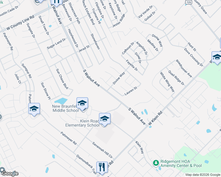 map of restaurants, bars, coffee shops, grocery stores, and more near 951 Divine Way in New Braunfels