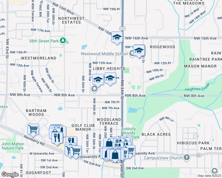 map of restaurants, bars, coffee shops, grocery stores, and more near 812 Northwest 34th Street in Gainesville