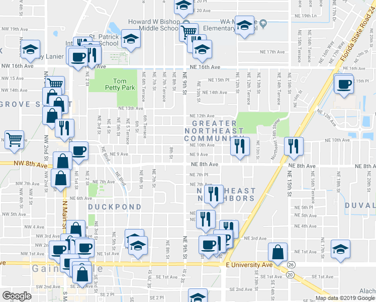 map of restaurants, bars, coffee shops, grocery stores, and more near 914 Northeast 10th Avenue in Gainesville