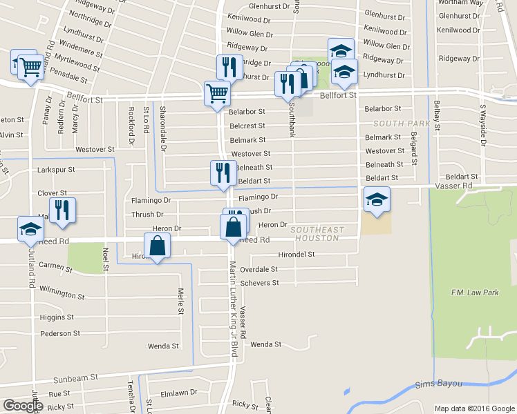 map of restaurants, bars, coffee shops, grocery stores, and more near 5731 Thrush Drive in Houston