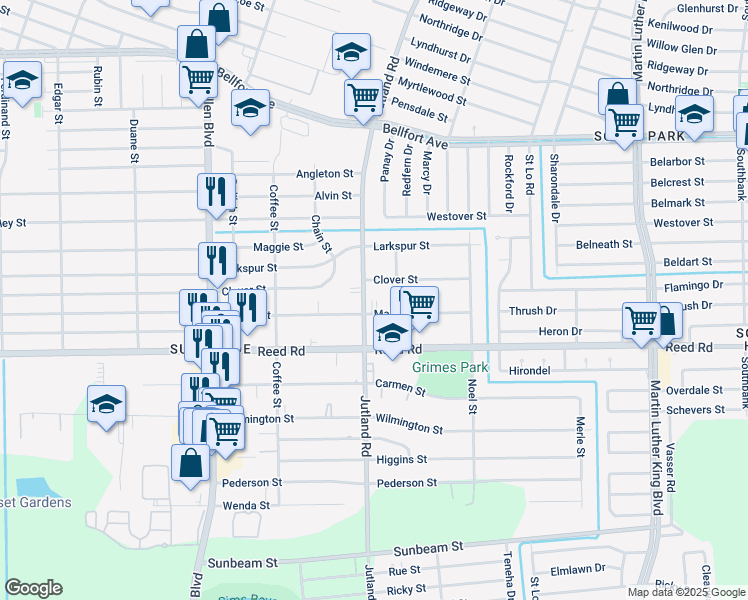 map of restaurants, bars, coffee shops, grocery stores, and more near 5002 Clover Street in Houston