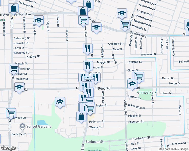 map of restaurants, bars, coffee shops, grocery stores, and more near 4747 Clover Street in Houston