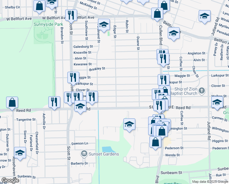 map of restaurants, bars, coffee shops, grocery stores, and more near 4346 Larkspur Street in Houston