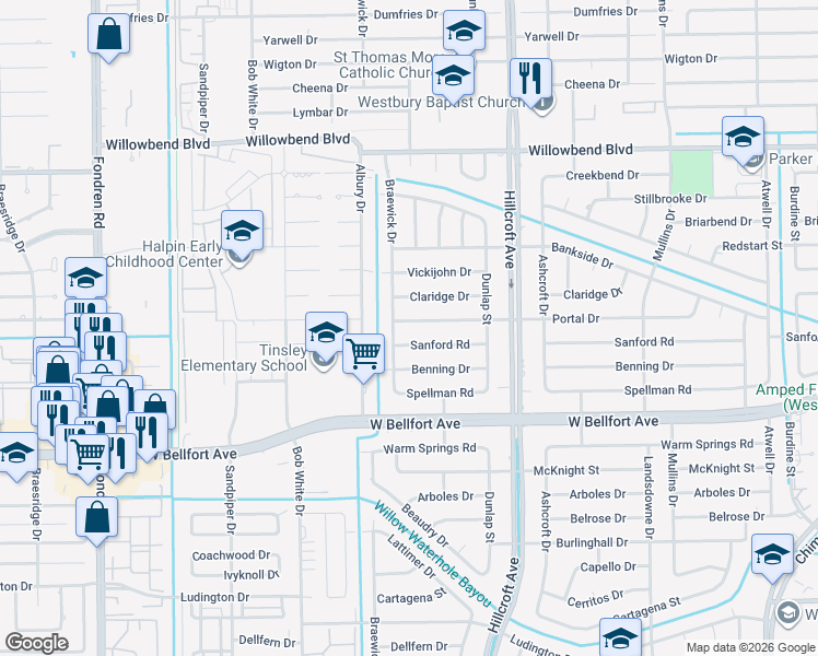 map of restaurants, bars, coffee shops, grocery stores, and more near 6019 Claridge Drive in Houston