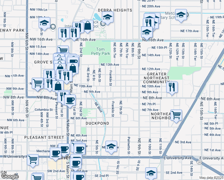map of restaurants, bars, coffee shops, grocery stores, and more near 614 Northeast 10th Avenue in Gainesville