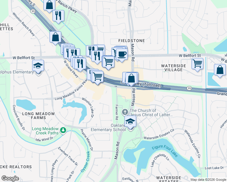 map of restaurants, bars, coffee shops, grocery stores, and more near 8008 Grand Parkway in Richmond