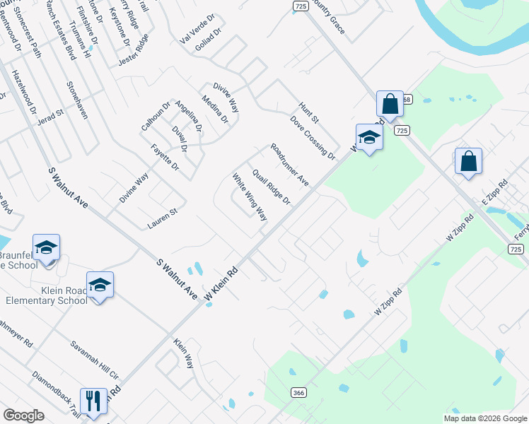 map of restaurants, bars, coffee shops, grocery stores, and more near 2430 Quail Ridge Drive in New Braunfels
