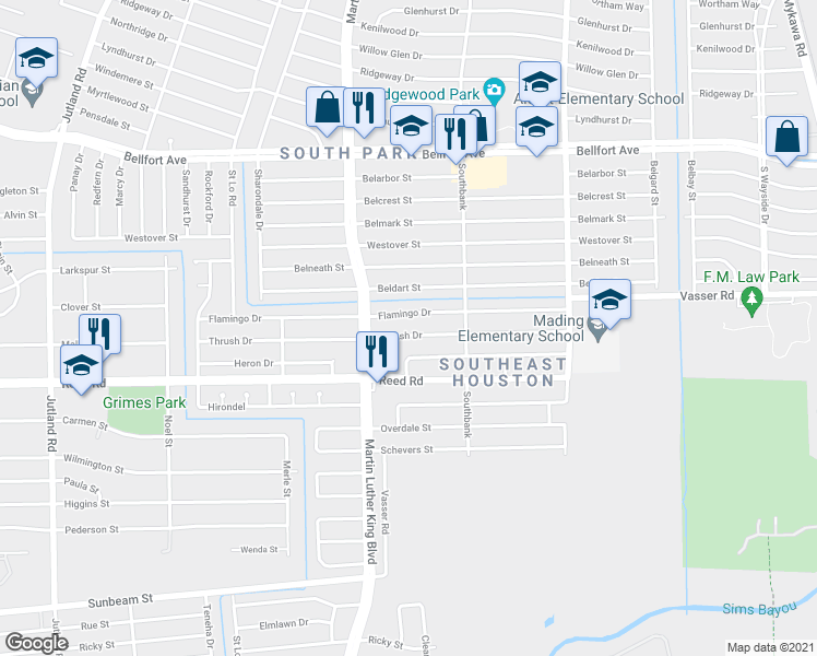 map of restaurants, bars, coffee shops, grocery stores, and more near 5731 Thrush Drive in Houston