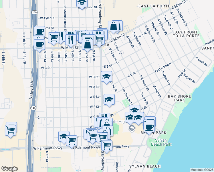map of restaurants, bars, coffee shops, grocery stores, and more near 401 South Broadway Street in La Porte