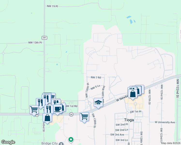 map of restaurants, bars, coffee shops, grocery stores, and more near 13576 Northwest 8th Road in Newberry