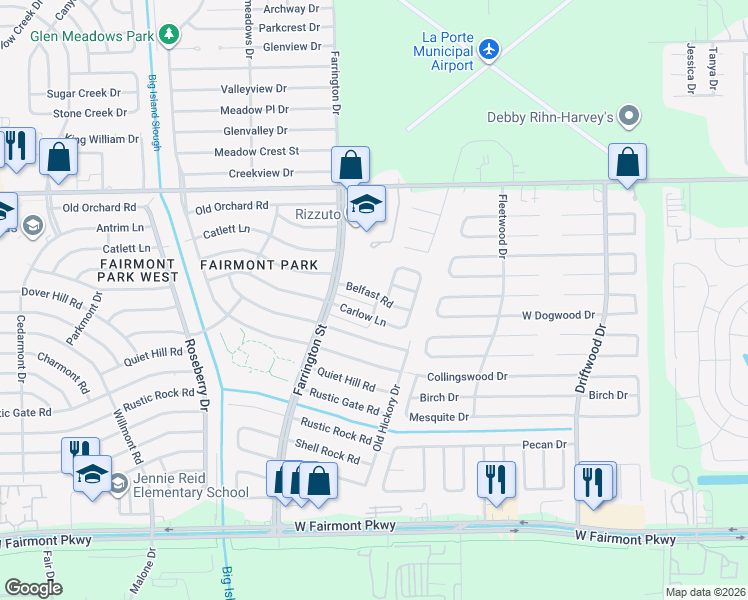 map of restaurants, bars, coffee shops, grocery stores, and more near 10428 Belfast Road in La Porte
