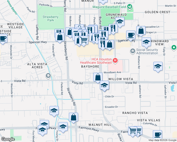 map of restaurants, bars, coffee shops, grocery stores, and more near 3400 Burke Road in Pasadena