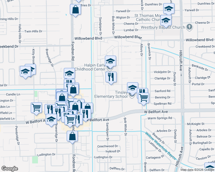 map of restaurants, bars, coffee shops, grocery stores, and more near 6425 Bankside Drive in Houston