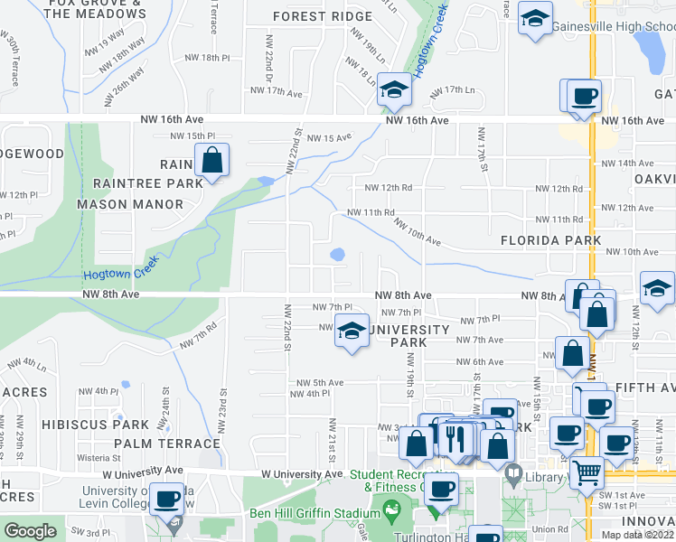 map of restaurants, bars, coffee shops, grocery stores, and more near 2049 Northwest 9th Avenue in Gainesville