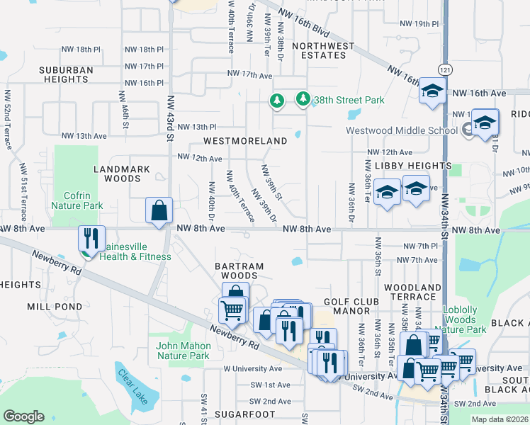 map of restaurants, bars, coffee shops, grocery stores, and more near 915 Northwest 39th Drive in Gainesville