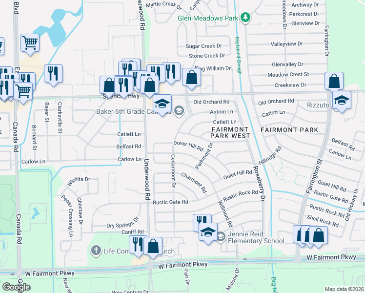map of restaurants, bars, coffee shops, grocery stores, and more near 9815 Dover Hill Road in La Porte