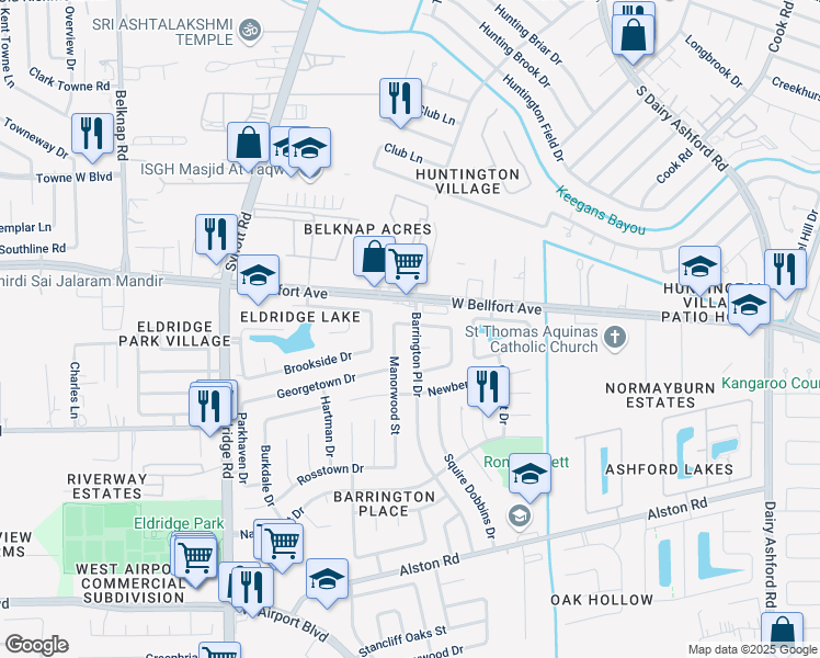 map of restaurants, bars, coffee shops, grocery stores, and more near 2648 Hadley Circle in Sugar Land