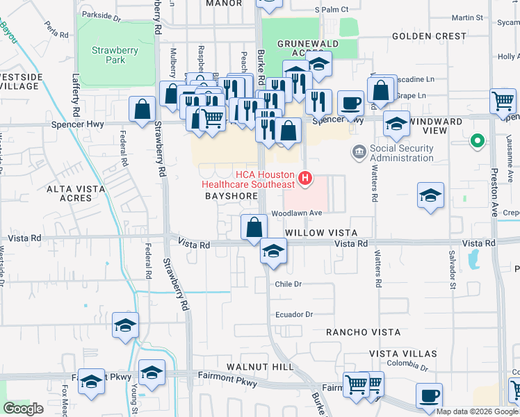 map of restaurants, bars, coffee shops, grocery stores, and more near 3212 Burke Road in Pasadena