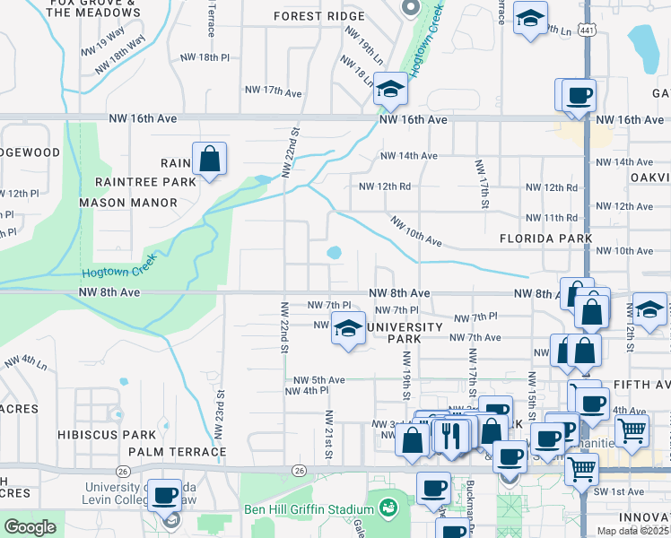 map of restaurants, bars, coffee shops, grocery stores, and more near 2106 Northwest 9th Avenue in Gainesville