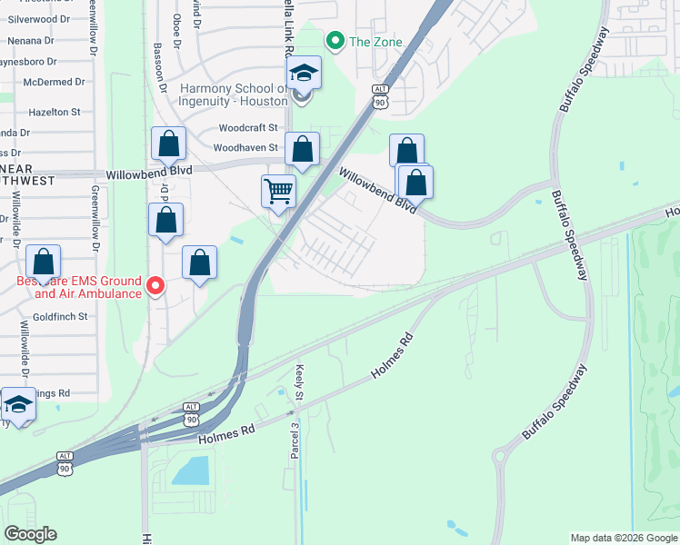 map of restaurants, bars, coffee shops, grocery stores, and more near 11603 Main Cypress Drive in Houston