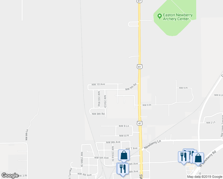map of restaurants, bars, coffee shops, grocery stores, and more near 25415 Northwest 9th Road in Newberry