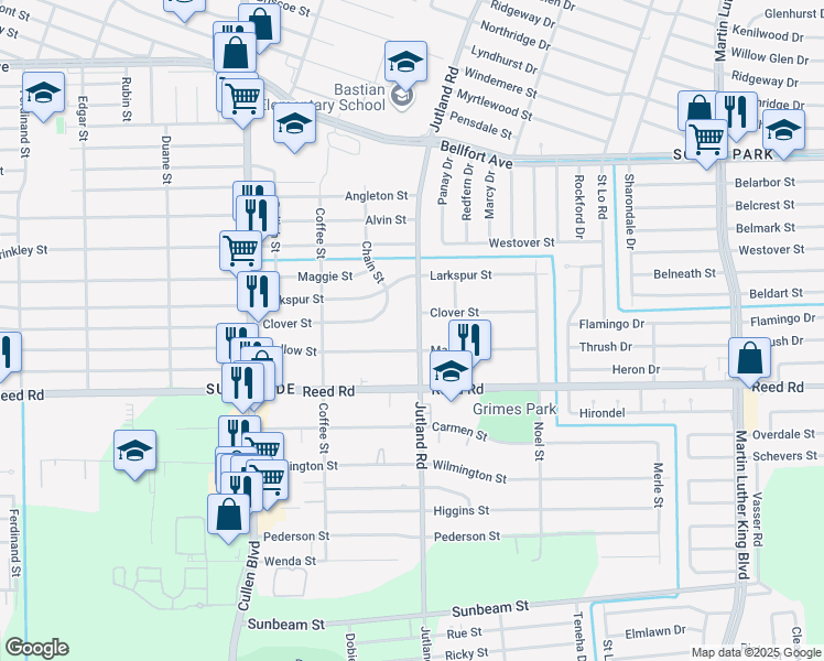 map of restaurants, bars, coffee shops, grocery stores, and more near 9038 Jutland Road in Houston