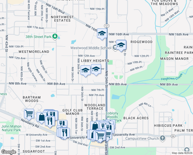 map of restaurants, bars, coffee shops, grocery stores, and more near 812 Northwest 34th Street in Gainesville