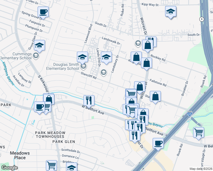 map of restaurants, bars, coffee shops, grocery stores, and more near 11102 Windmark Place in Houston