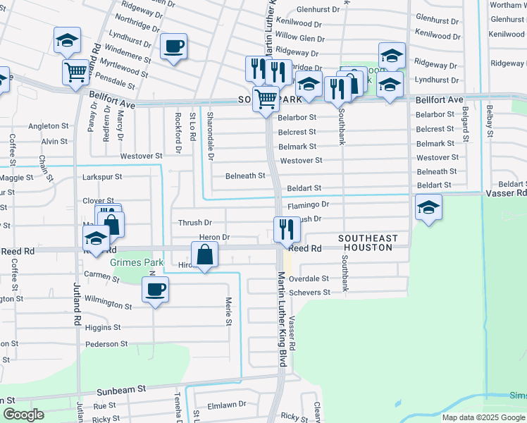 map of restaurants, bars, coffee shops, grocery stores, and more near 5659 Flamingo Drive in Houston