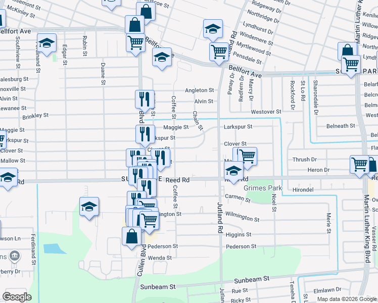map of restaurants, bars, coffee shops, grocery stores, and more near 4813 Clover Street in Houston