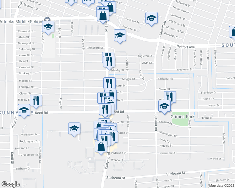 map of restaurants, bars, coffee shops, grocery stores, and more near 4747 Clover Street in Houston