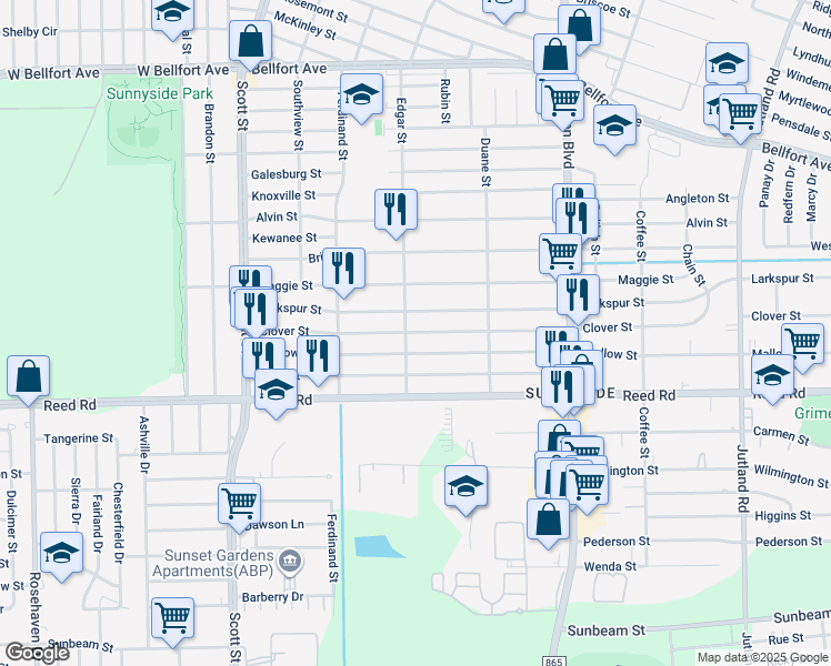 map of restaurants, bars, coffee shops, grocery stores, and more near 4418 Larkspur Street in Houston