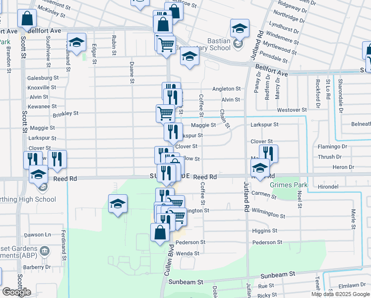 map of restaurants, bars, coffee shops, grocery stores, and more near 4732 Clover Street in Houston