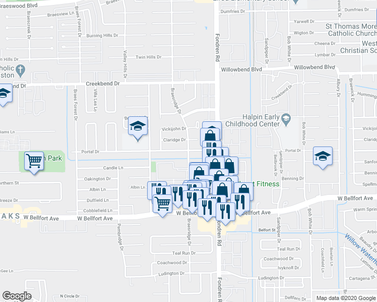 map of restaurants, bars, coffee shops, grocery stores, and more near 11109 Braesridge Drive in Houston