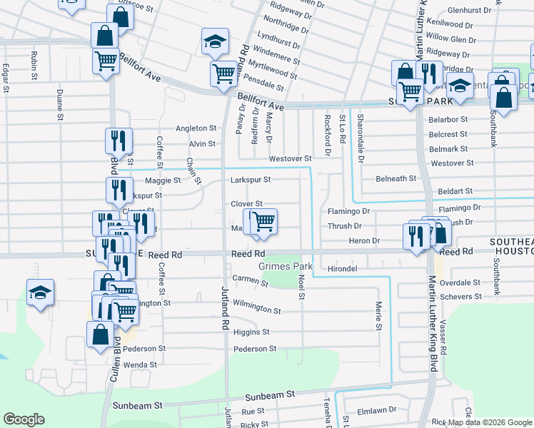 map of restaurants, bars, coffee shops, grocery stores, and more near 5124 Clover Street in Houston