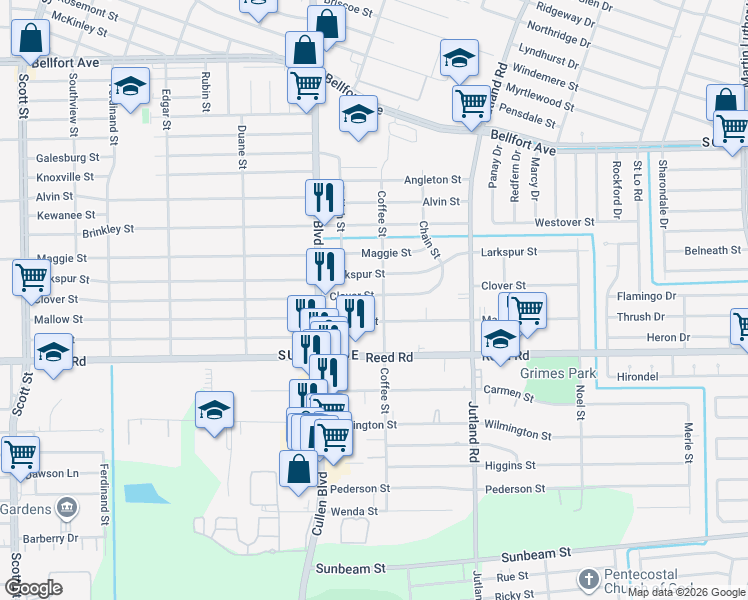 map of restaurants, bars, coffee shops, grocery stores, and more near 4748 Clover Street in Houston