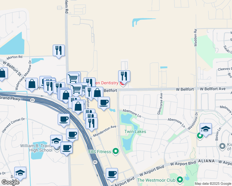 map of restaurants, bars, coffee shops, grocery stores, and more near 18480-18658 West Bellfort Street in Richmond