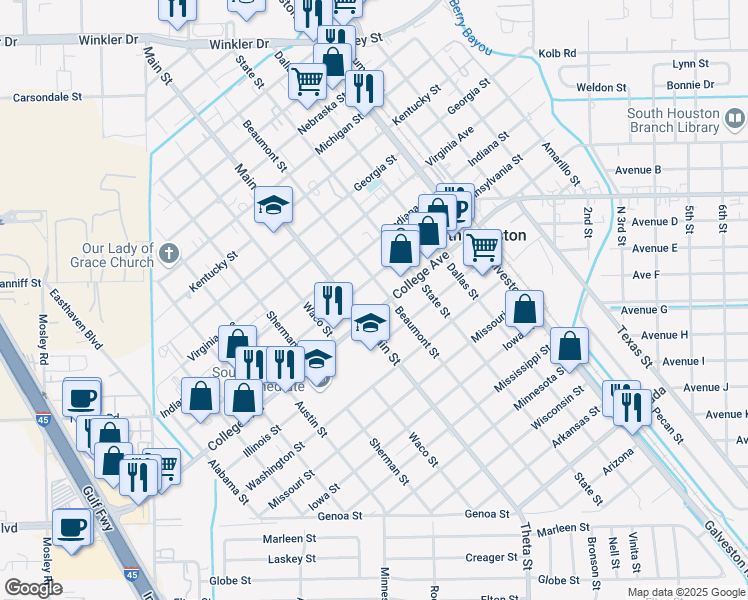 map of restaurants, bars, coffee shops, grocery stores, and more near 716 Pennsylvania Street in South Houston