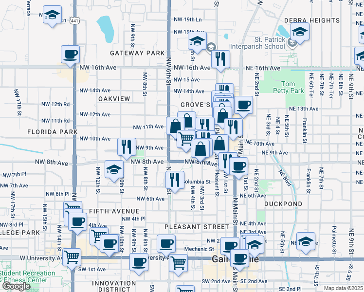 map of restaurants, bars, coffee shops, grocery stores, and more near 920 Northwest 4th Street in Gainesville