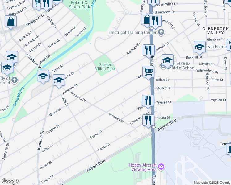 map of restaurants, bars, coffee shops, grocery stores, and more near 7368 Cayton Street in Houston