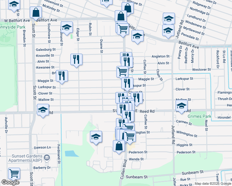 map of restaurants, bars, coffee shops, grocery stores, and more near 4654 Larkspur Street in Houston