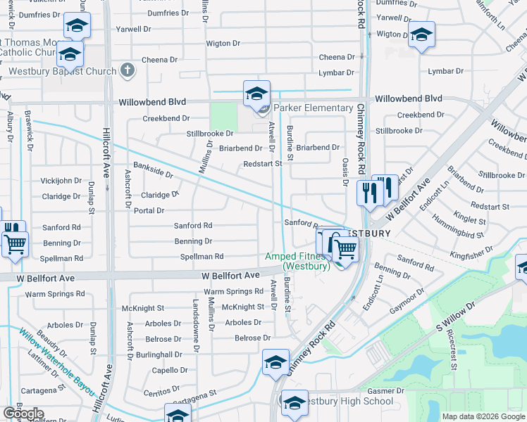 map of restaurants, bars, coffee shops, grocery stores, and more near 5506 Bankside Drive in Houston