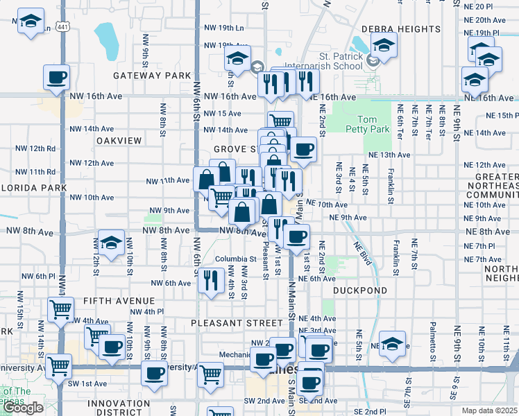 map of restaurants, bars, coffee shops, grocery stores, and more near 920 Northwest 2nd Street in Gainesville