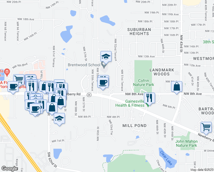 map of restaurants, bars, coffee shops, grocery stores, and more near 5332 Northwest 8th Avenue in Gainesville