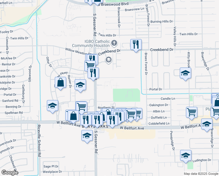 map of restaurants, bars, coffee shops, grocery stores, and more near 10965 South Gessner Road in Houston
