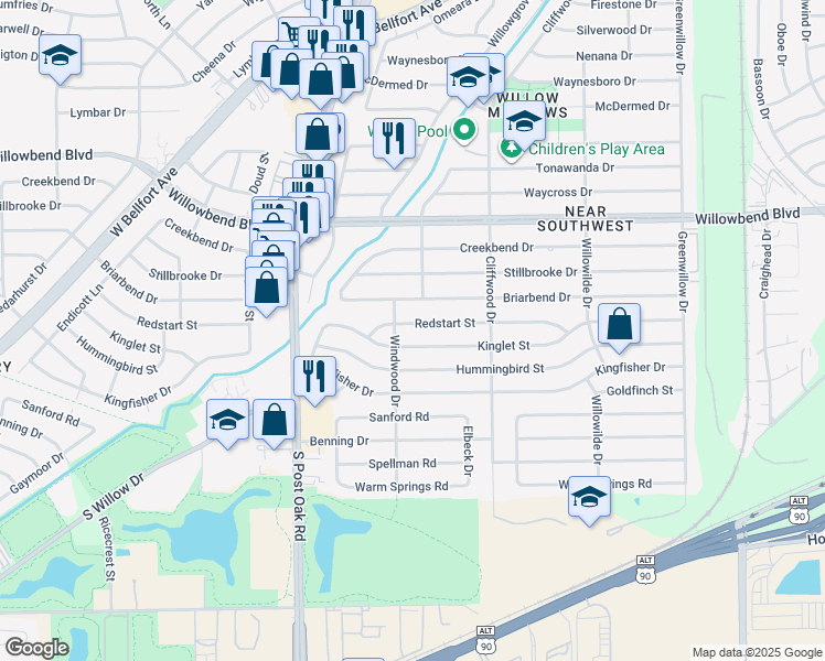 map of restaurants, bars, coffee shops, grocery stores, and more near 4762 Redstart Street in Houston